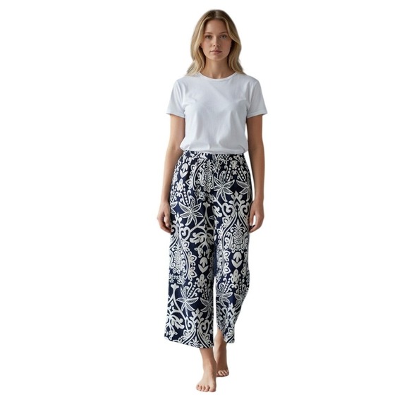 Emerson Rose Pants - Emerson Rose Navy‎ Blue White Pineapple Tropical Linen Blend Pants - Women's S